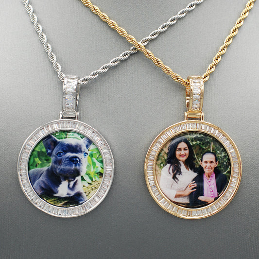 14k Gold or White Gold plated Round Baguette stone Custom 3D Photo Picture Charm Pendant 1.5 inch (39mm)