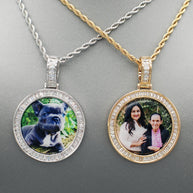 14k Gold or White Gold plated Round Baguette stone Custom 3D Photo Picture Charm Pendant 1.5 inch (39mm)