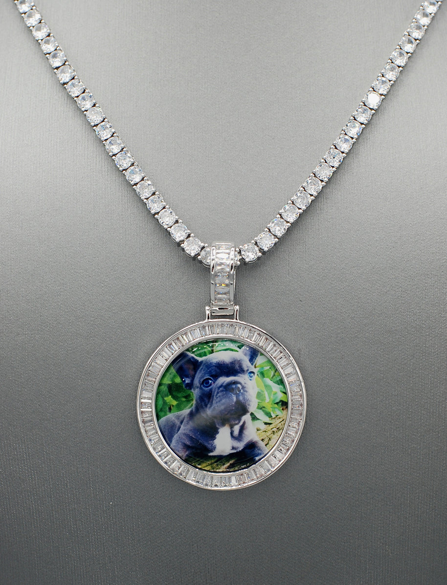 14k Gold or White Gold plated Round Baguette stone Custom 3D Photo Picture Charm Pendant 1.5 inch (39mm)