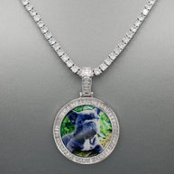 14k Gold or White Gold plated Round Baguette stone Custom 3D Photo Picture Charm Pendant 1.5 inch (39mm)