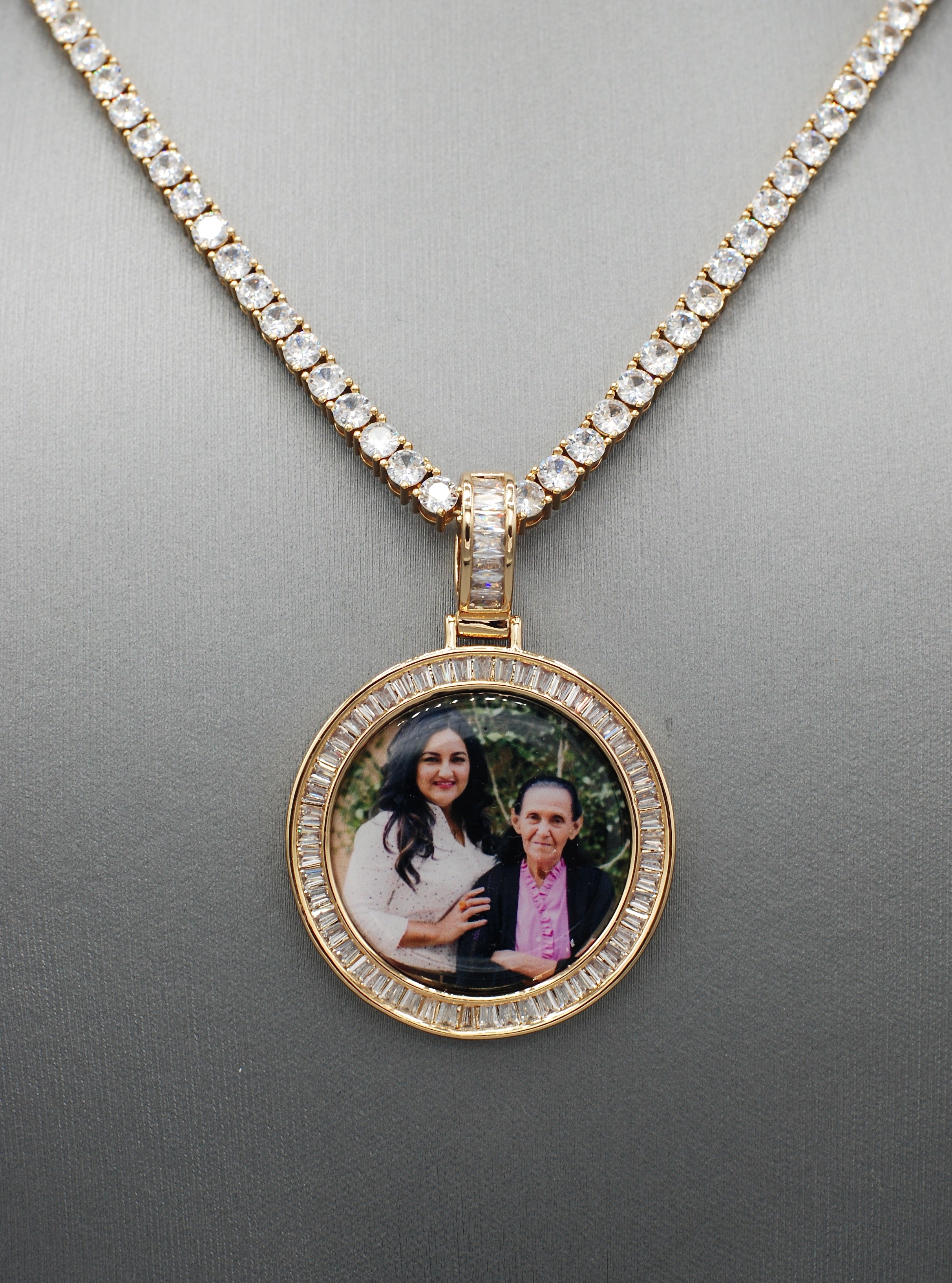 14k Gold or White Gold plated Round Baguette stone Custom 3D Photo Picture Charm Pendant 1.5 inch (39mm)