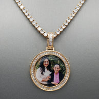 14k Gold or White Gold plated Round Baguette stone Custom 3D Photo Picture Charm Pendant 1.5 inch (39mm)