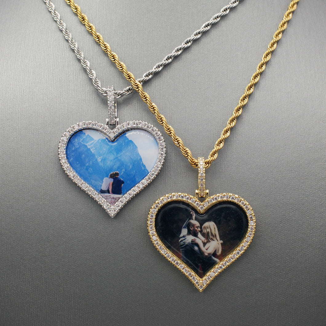 14k Gold or White Gold plated Heart shaped Custom 3D Photo Picture Charm Pendant 1.7 inch (44mm)