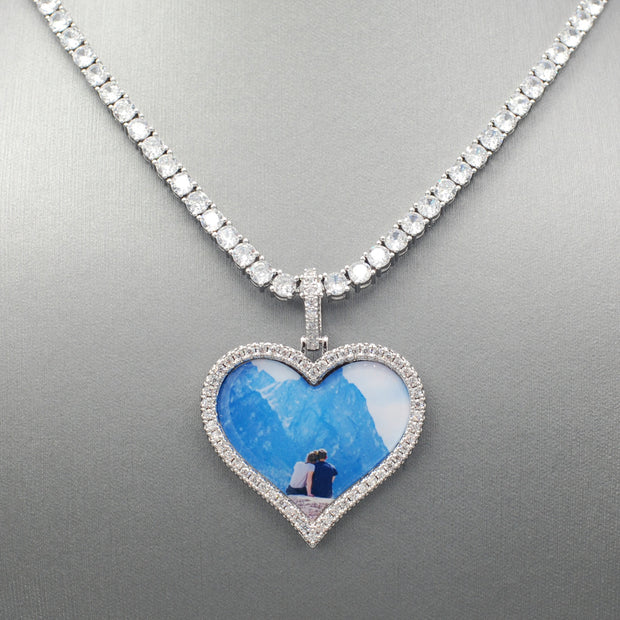 14k Gold or White Gold plated Heart shaped Custom 3D Photo Picture Charm Pendant 1.7 inch (44mm)