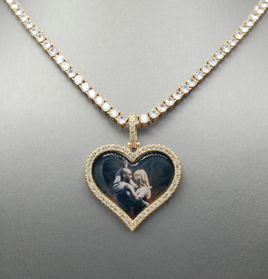 14k Gold or White Gold plated Heart shaped Custom 3D Photo Picture Charm Pendant 1.7 inch (44mm)