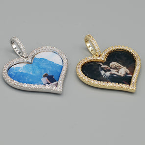 14k Gold or White Gold plated Heart shaped Custom 3D Photo Picture Charm Pendant 1.7 inch (44mm)