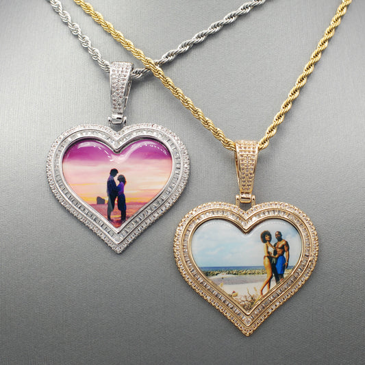 14k Gold or White Gold plated Heart shaped Double Bezel Custom 3D Photo Picture Charm Pendant 1.7 inch (44mm)