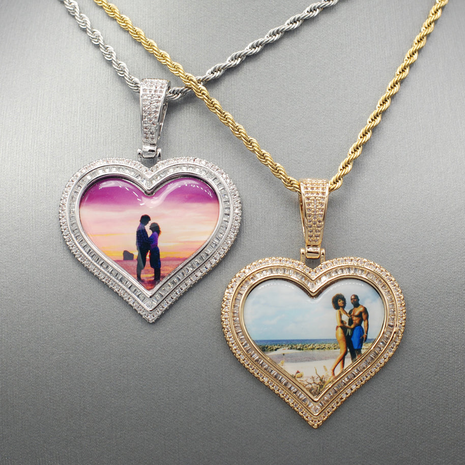 14k Gold or White Gold plated Heart shaped Double Bezel Custom 3D Photo Picture Charm Pendant 1.7 inch (44mm)