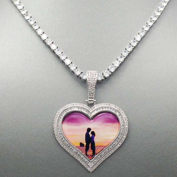 14k Gold or White Gold plated Heart shaped Double Bezel Custom 3D Photo Picture Charm Pendant 1.7 inch (44mm)