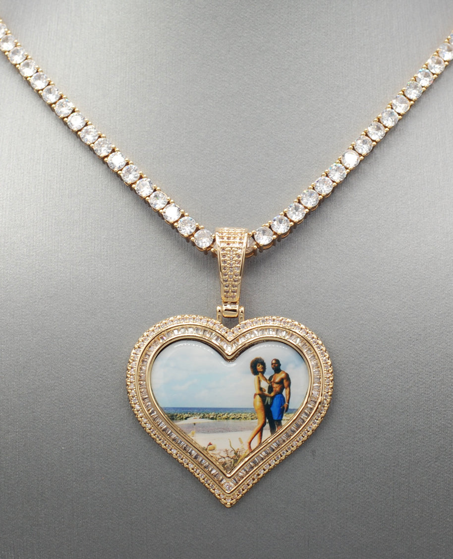 14k Gold or White Gold plated Heart shaped Double Bezel Custom 3D Photo Picture Charm Pendant 1.7 inch (44mm)