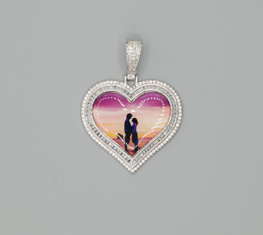 14k Gold or White Gold plated Heart shaped Double Bezel Custom 3D Photo Picture Charm Pendant 1.7 inch (44mm)