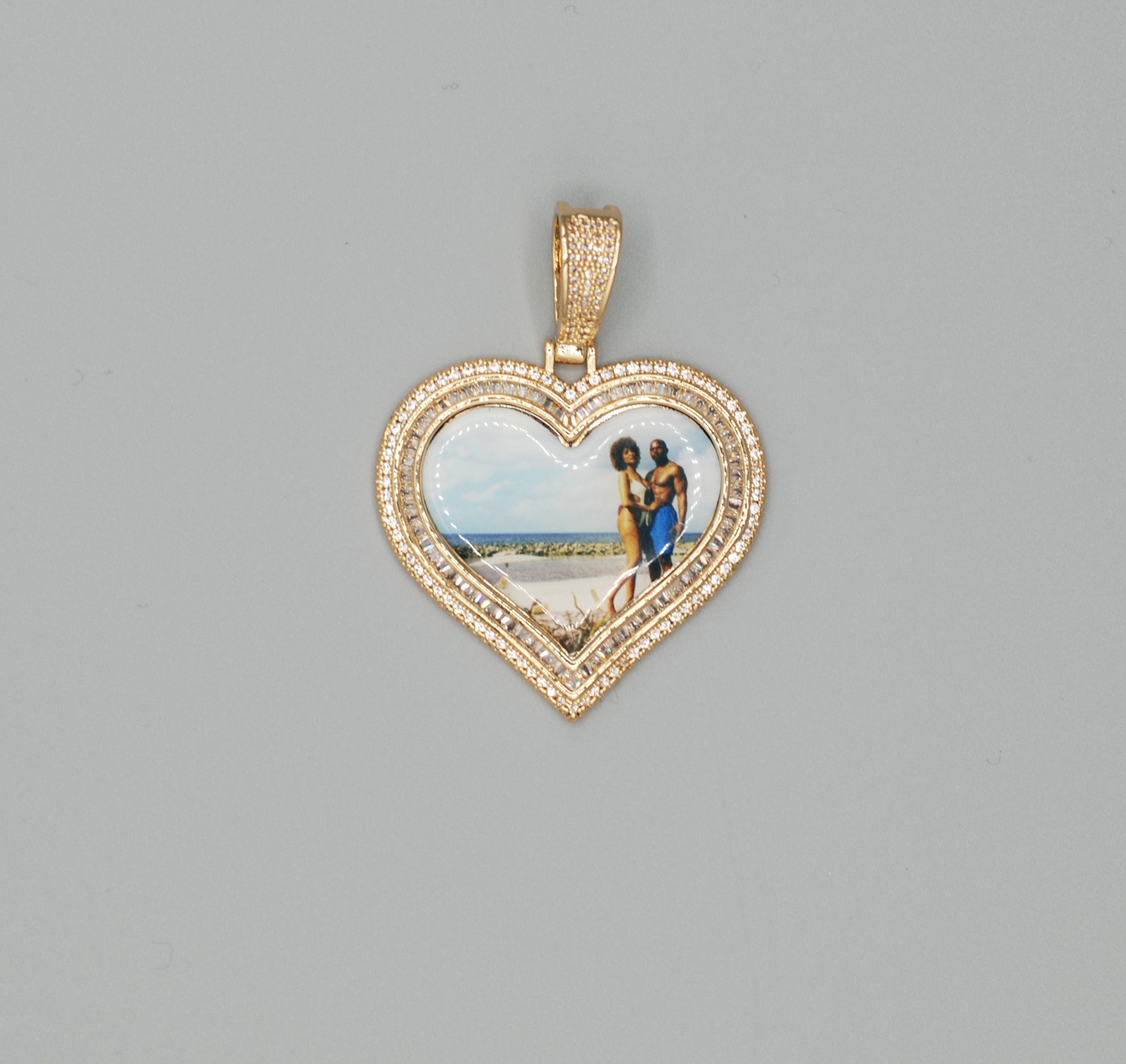 14k Gold or White Gold plated Heart shaped Double Bezel Custom 3D Photo Picture Charm Pendant 1.7 inch (44mm)