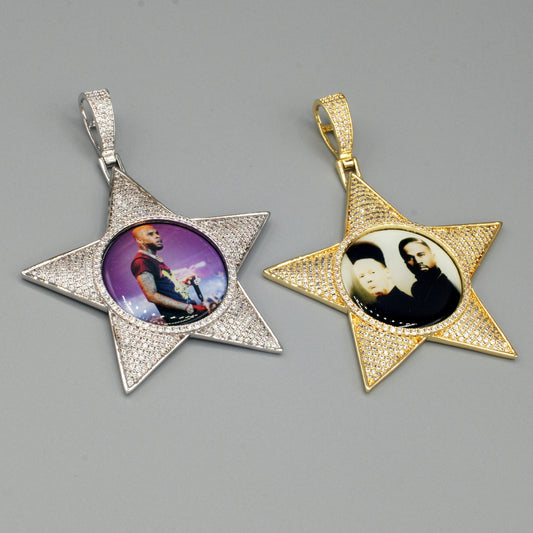 14k Gold or White Gold plated Star Custom 3D Photo Picture Charm Pendant 2.6 inch (65mm)