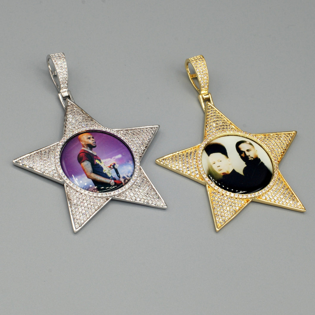 14k Gold or White Gold plated Star Custom 3D Photo Picture Charm Pendant 2.6 inch (65mm)