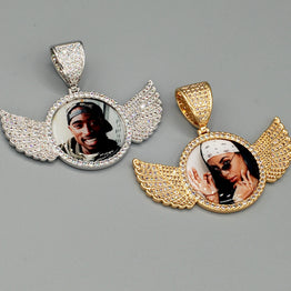 14k Gold or White Gold plated Angel Wings Custom 3D Photo Picture Charm Pendant 2.7 inch (68mm)