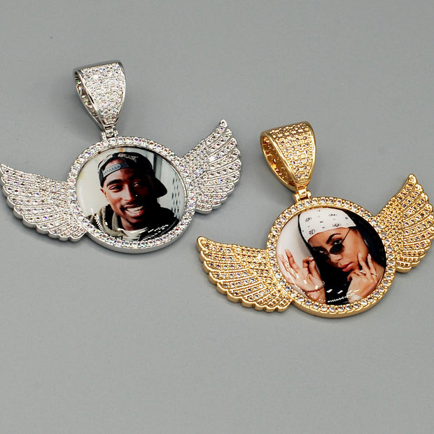 14k Gold or White Gold plated Angel Wings Custom 3D Photo Picture Charm Pendant 2.7 inch (68mm)