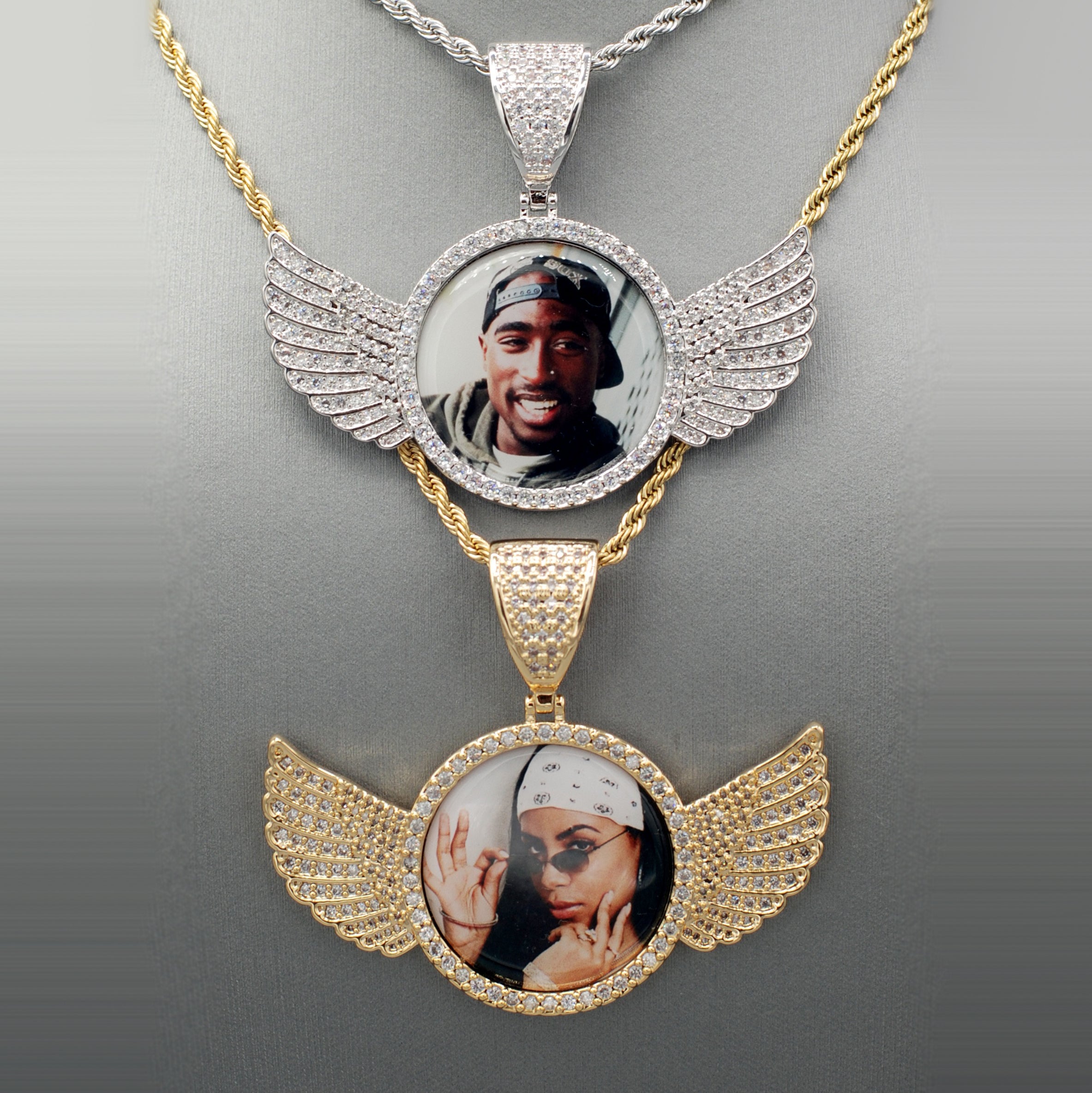 14k Gold or White Gold plated Angel Wings Custom 3D Photo Picture Charm Pendant 2.7 inch (68mm)
