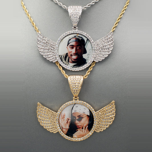 14k Gold or White Gold plated Angel Wings Custom 3D Photo Picture Charm Pendant 2.7 inch (68mm)