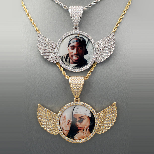 14k Gold or White Gold plated Angel Wings Custom 3D Photo Picture Charm Pendant 2.7 inch (68mm)