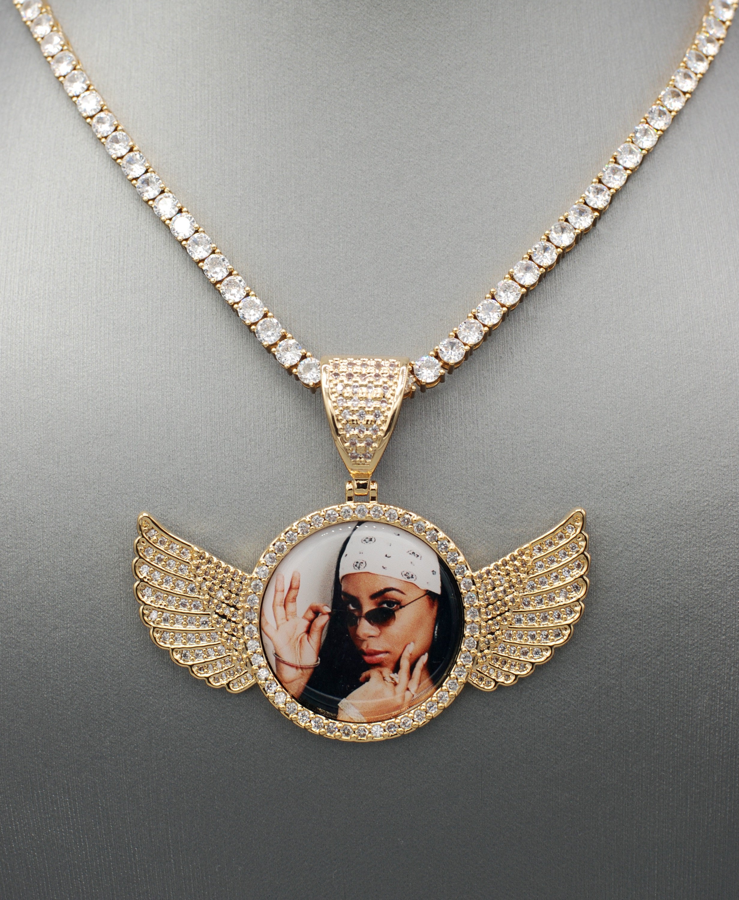14k Gold or White Gold plated Angel Wings Custom 3D Photo Picture Charm Pendant 2.7 inch (68mm)