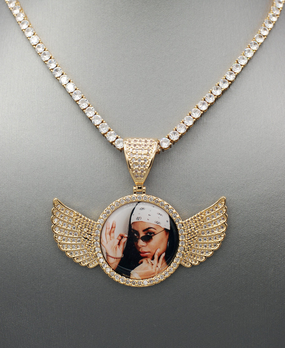 14k Gold or White Gold plated Angel Wings Custom 3D Photo Picture Charm Pendant 2.7 inch (68mm)