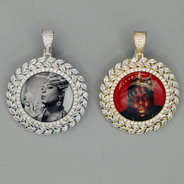 14k Gold or White Gold plated Round Wreath Custom 3D Photo Picture Charm Pendant 1.9 inch (47mm)