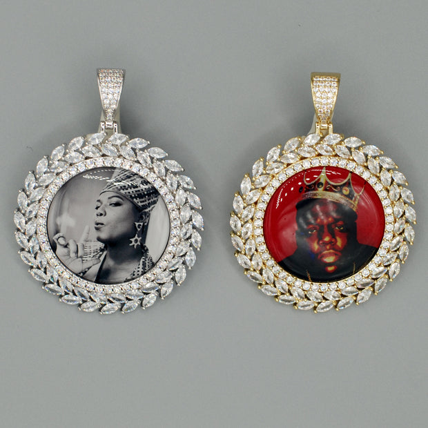 14k Gold or White Gold plated Round Wreath Custom 3D Photo Picture Charm Pendant 1.9 inch (47mm)
