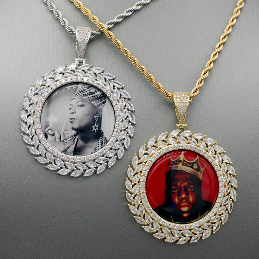 14k Gold or White Gold plated Round Wreath Custom 3D Photo Picture Charm Pendant 1.9 inch (47mm)