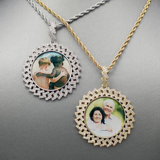 14k Gold or White Gold plated Round Zig bezel Custom 3D Photo Picture Charm Pendant 1.8 inch (46mm)