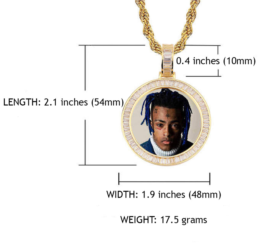 14k Gold or White Gold plated Round Baguette stone Custom 3D Photo Picture Charm Pendant 1.5 inch (39mm)