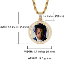 14k Gold or White Gold plated Round Baguette stone Custom 3D Photo Picture Charm Pendant 1.5 inch (39mm)
