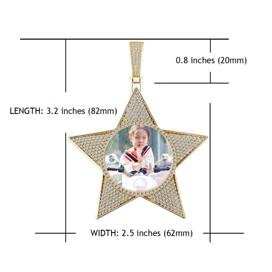 14k Gold or White Gold plated Star Custom 3D Photo Picture Charm Pendant 2.6 inch (65mm)